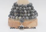 GMN2227 Hand-knotted 8mm, 10mm matte black water jasper 108 beads mala necklace with charm