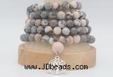 GMN2232 Hand-knotted 8mm, 10mm matte pink zebra jasper 108 beads mala necklaces with charm