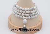 GMN2418 Hand-knotted 6mm white howlite 108 beads mala necklace with charm