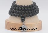 GMN2477 Hand-knotted 6mm black lava 108 beads mala necklaces with charm