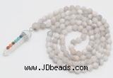 GMN2601 Hand-knotted 8mm, 10mm matte white crazy agate 108 beads mala necklace with pendant