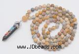 GMN2602 Hand-knotted 8mm, 10mm matte yellow crazy agate 108 beads mala necklace with pendant