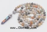 GMN2603 Hand-knotted 8mm, 10mm matte bamboo leaf agate 108 beads mala necklace with pendant