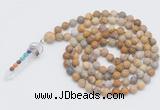 GMN2604 Hand-knotted 8mm, 10mm matte fossil coral 108 beads mala necklace with pendant