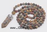 GMN2608 Hand-knotted 8mm, 10mm matte picasso jasper 108 beads mala necklace with pendant