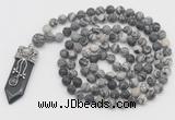 GMN2610 Hand-knotted 8mm, 10mm matte black water jasper 108 beads mala necklace with pendant