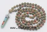 GMN2628 Knotted 8mm, 10mm matte unakite 108 beads mala necklace with pendant