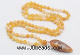 GMN4005 Hand-knotted 8mm, 10mm yellow banded agate 108 beads mala necklace with pendant