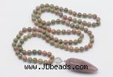 GMN4026 Hand-knotted 8mm, 10mm unakite 108 beads mala necklace with pendant