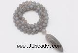 GMN4060 Hand-knotted 8mm, 10mm grey agate 108 beads mala necklace with pendant