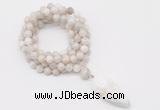 GMN4062 Hand-knotted 8mm, 10mm white crazy agate 108 beads mala necklace with pendant