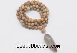 GMN4078 Hand-knotted 8mm, 10mm picture jasper 108 beads mala necklace with pendant