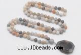 GMN4409 Hand-knotted 8mm, 10mm matte bamboo leaf agate 108 beads mala necklace with pendant