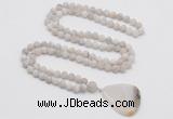 GMN4410 Hand-knotted 8mm, 10mm matte white crazy agate 108 beads mala necklace with pendant