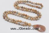 GMN4412 Hand-knotted 8mm, 10mm matte fossil coral 108 beads mala necklace with pendant