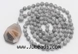 GMN4621 Hand-knotted 8mm, 10mm grey picture jasper 108 beads mala necklace with pendant