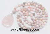 GMN4641 Hand-knotted 8mm, 10mm natural pink opal 108 beads mala necklace with pendant