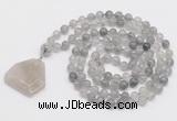 GMN4647 Hand-knotted 8mm, 10mm cloudy quartz 108 beads mala necklace with pendant