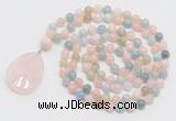 GMN4655 Hand-knotted 8mm, 10mm morganite 108 beads mala necklace with pendant