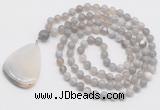 GMN4665 Hand-knotted 8mm, 10mm grey banded agate 108 beads mala necklace with pendant