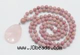 GMN4672 Hand-knotted 8mm, 10mm pink wooden jasper 108 beads mala necklace with pendant