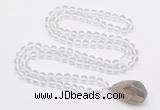 GMN4800 Hand-knotted 8mm, 10mm white crystal 108 beads mala necklace with pendant