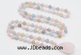 GMN4818 Hand-knotted 8mm, 10mm morganite 108 beads mala necklace with pendant