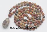 GMN4859 Hand-knotted 8mm, 10mm picasso jasper 108 beads mala necklace with pendant