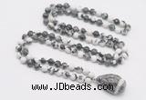 GMN4864 Hand-knotted 8mm, 10mm black & white jasper 108 beads mala necklace with pendant