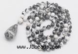 GMN4865 Hand-knotted 8mm, 10mm black & white jasper 108 beads mala necklace with pendant