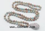 GMN4870 Hand-knotted 8mm, 10mm serpentine jasper 108 beads mala necklace with pendant