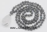 GMN4895 Hand-knotted 8mm, 10mm labradorite 108 beads mala necklace with pendant