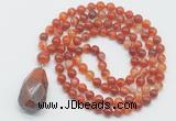 GMN4907 Hand-knotted 8mm, 10mm red banded agate 108 beads mala necklace with pendant