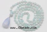 GMN4909 Hand-knotted 8mm, 10mm sea blue banded agate 108 beads mala necklace with pendant