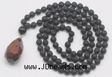 GMN4933 Hand-knotted 8mm, 10mm black lava 108 beads mala necklace with pendant