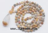 GMN5011 Hand-knotted 8mm, 10mm matte yellow crazy agate 108 beads mala necklace with pendant