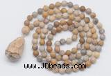 GMN5012 Hand-knotted 8mm, 10mm matte fossil coral 108 beads mala necklace with pendant