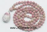 GMN5015 Hand-knotted 8mm, 10mm matte pink wooden jasper 108 beads mala necklace with pendant