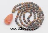 GMN5017 Hand-knotted 8mm, 10mm matte picasso jasper 108 beads mala necklace with pendant