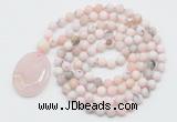 GMN5057 Hand-knotted 8mm, 10mm matte natural pink opal 108 beads mala necklace with pendant