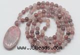 GMN5060 Hand-knotted 8mm, 10mm purple strawberry quartz 108 beads mala necklace with pendant