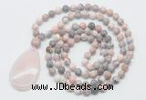 GMN5088 Hand-knotted 8mm, 10mm pink zebra jasper 108 beads mala necklace with pendant