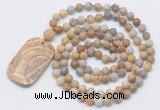 GMN5137 Hand-knotted 8mm, 10mm matte fossil coral 108 beads mala necklace with pendant