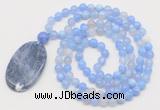 GMN5153 Hand-knotted 8mm, 10mm blue banded agate 108 beads mala necklace with pendant