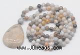 GMN5209 Hand-knotted 8mm, 10mm bamboo leaf agate 108 beads mala necklace with pendant