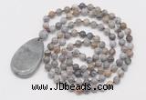 GMN5210 Hand-knotted 8mm, 10mm silver needle agate 108 beads mala necklace with pendant