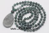 GMN5216 Hand-knotted 8mm, 10mm moss agate 108 beads mala necklace with pendant