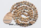 GMN5223 Hand-knotted 8mm, 10mm picture jasper 108 beads mala necklace with pendant