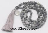 GMN5703 Hand-knotted 6mm matte black water jasper 108 beads mala necklaces with tassel & charm