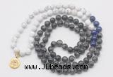 GMN6010 Knotted 8mm, 10mm matte white howlite & black labradorite 108 beads mala necklace with charm